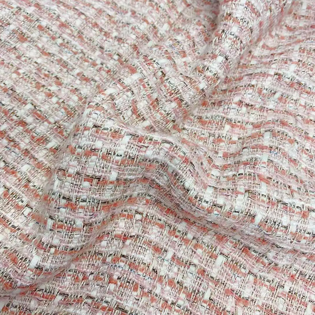 

High quality small fragrant coarse tweed material Pink ribbon weaving sewing Pink ribbon weaving fabric For Ladies's Suit/ Dress