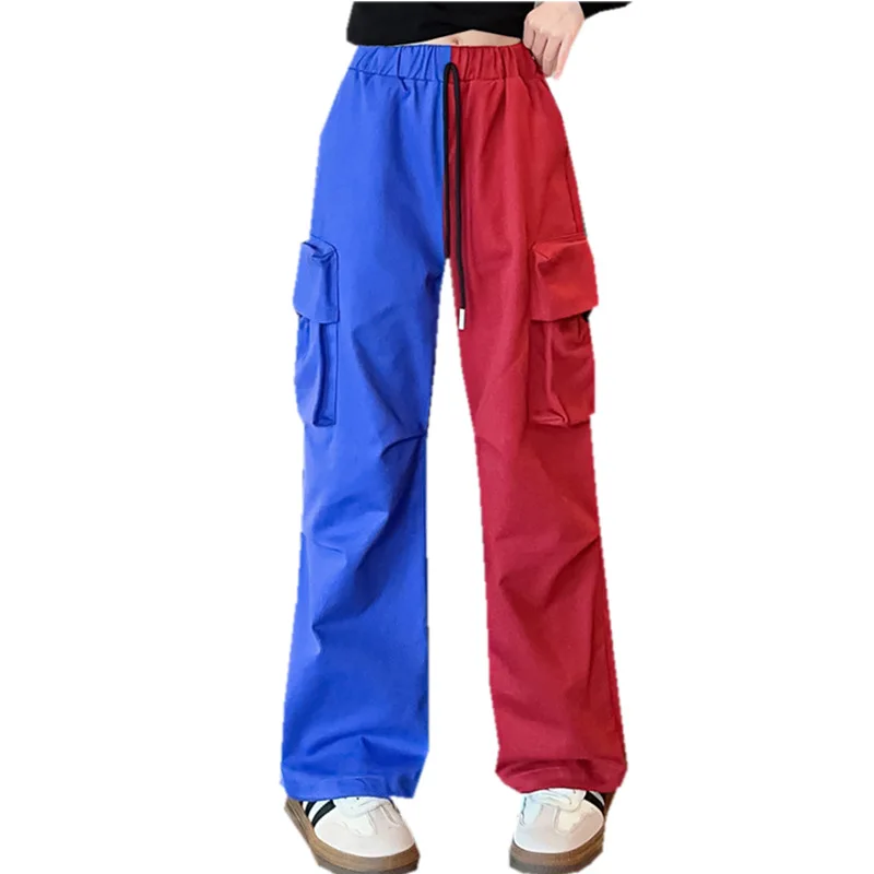 

New Fashion Girls Kids Red Blue Splice Color Cargo Pants with Pockets Elastic Waist Kid Spring Hip Hop Loose Streetwear Trousers