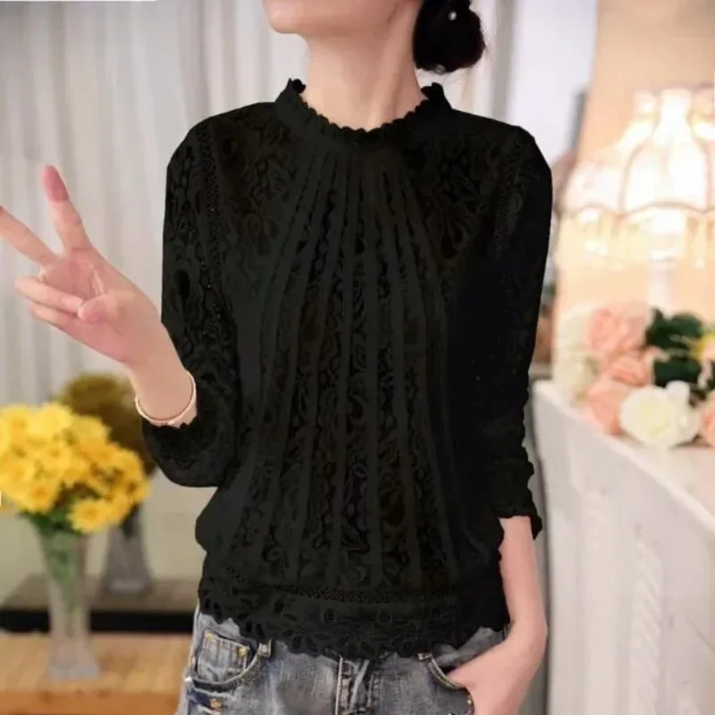 2025 New fashion Summer Ladies White Women Long Sleeve Chiffon shirt  blouse Lace solid elegant casual Women Clothing  top 51C