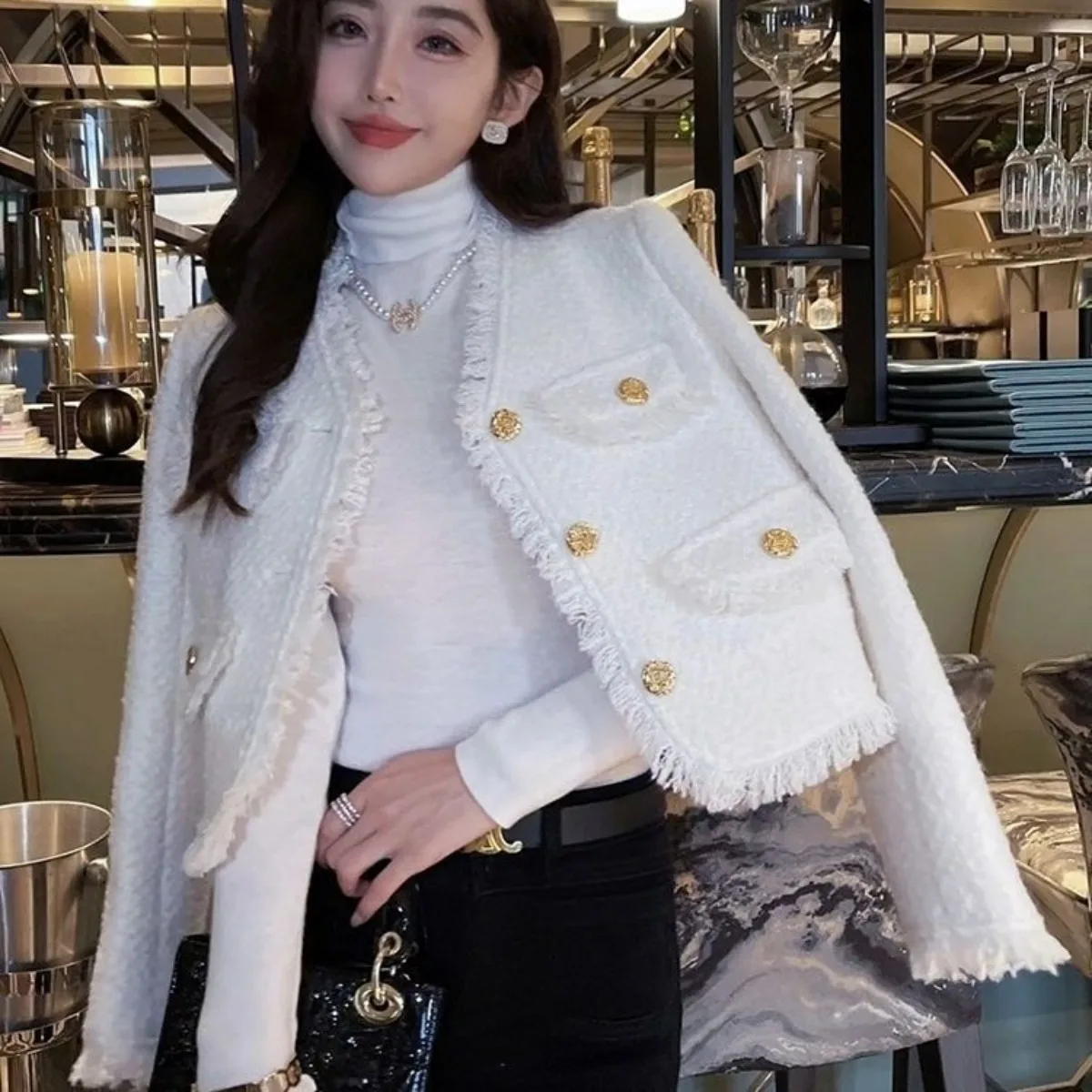 Women Cropped Tweed Jacket Spring Autumn Coat Single-breasted Korean Chic Tops Long Sleeve White Jacket Office Ladies Clothing high waist jeans women ripped cropped jeans women s 2022 spring summer new irregular beaded bow flared denim pants ladies jeans