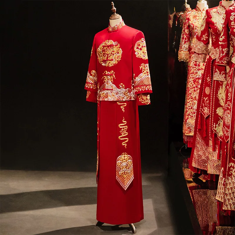 Chinese Style Men Marriage Set Dragon Embroidery Tang Suit Vintage Qipao Oriental Bridegroom Wedding Clothing Hanfu Costume