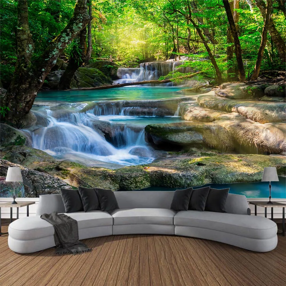 Tapestry Decor Natural forest landscape tapestry jungle waterfall wall hanging bohemian psychedelic art home decoration hippie yoga sheets