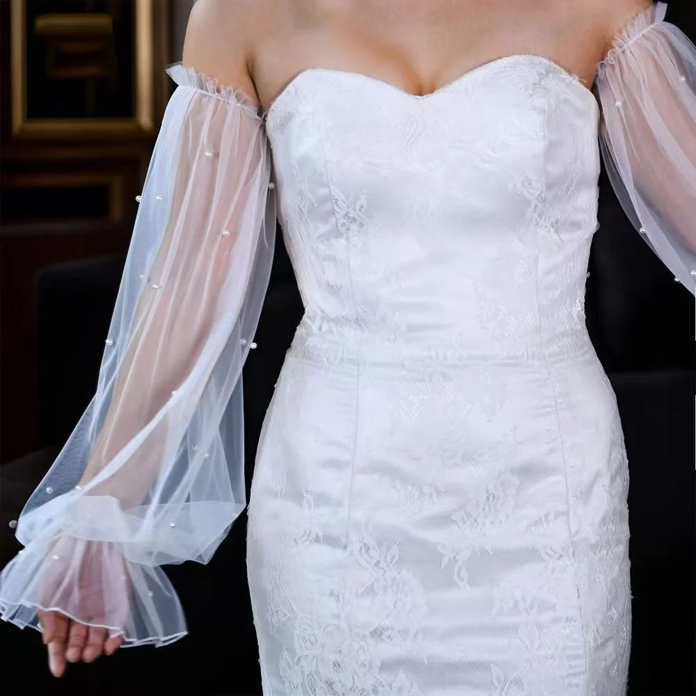 Bridal Sleeves Fluffy Detachable with Pearl Women's Wedding Dress Accessories