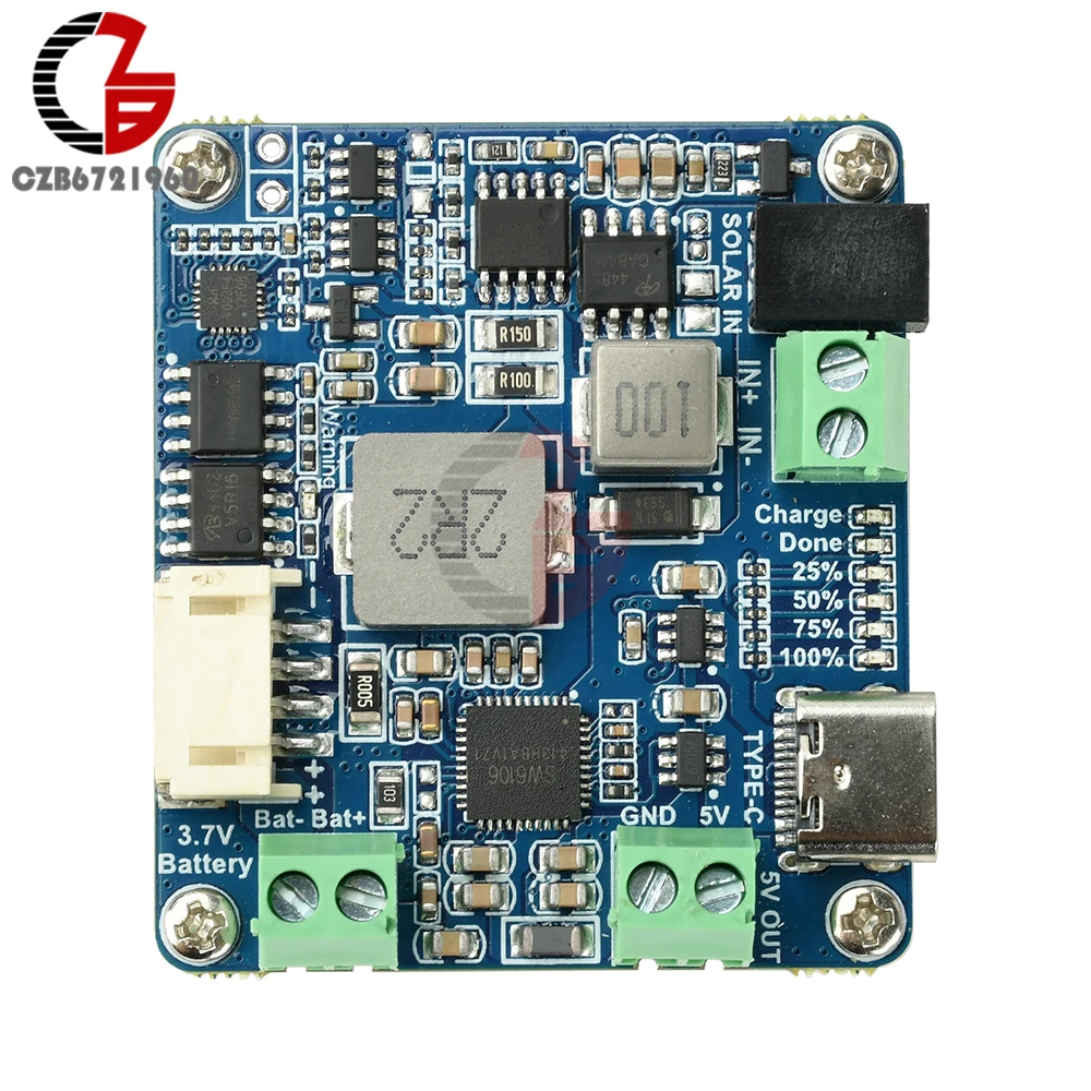 Solar Power Manager Module with USB-C, 6-24V Input & 5V 3A Output, Integrated 3-Slot Battery Box