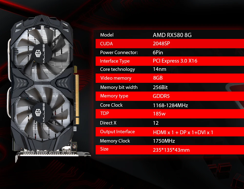 Игровая видеокарта MLLSE AMD RX580 8 ГБ GDDR5 256Bit PCI Express 3,0 × ...