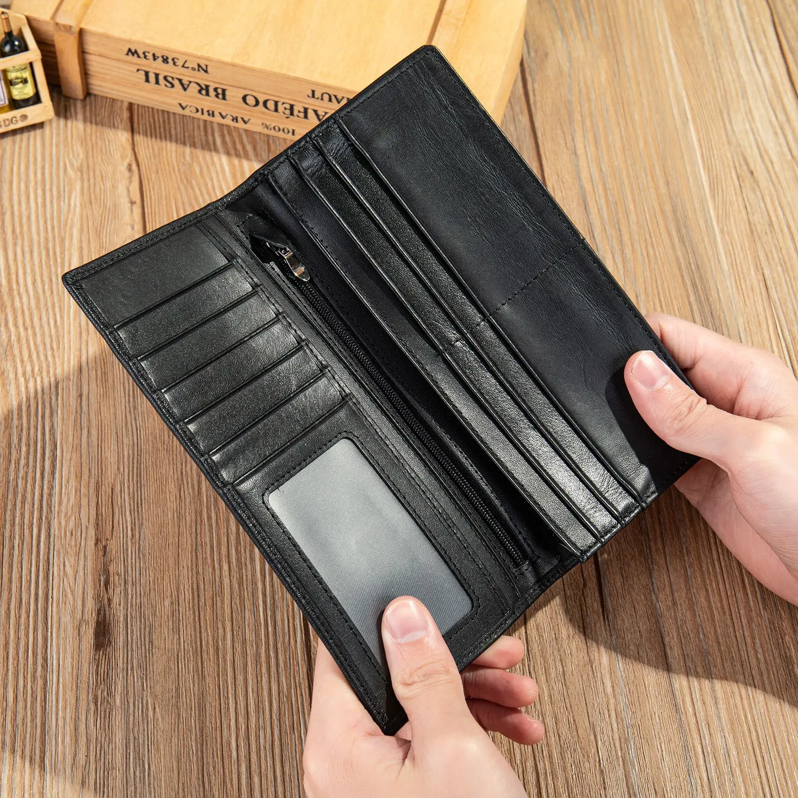 Men's Wallet Handmade Wallet Men's Cowhide Leather Leather Dollar Straw Pattern Card Bag Multi Card Position Men's Leather Bag