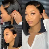 Perruques Bob à densité 220 %, lisses, en cheveux humains, avec dentelle frontale 13x4, en cheveux brésiliens Remy, pré-épilées, 16 pouces 4