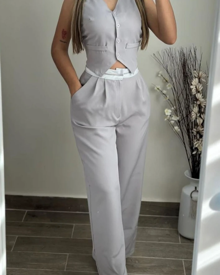 Women's Urban Style Suits 2024 Spring Summer Latest V-Neck Button Sleeveless Vest Top&pocket Design Daily Commuting Pants Set