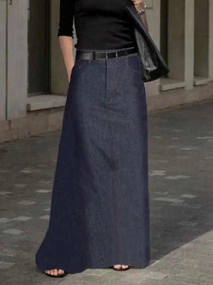 

Uoozee 2024 New Urban Female Fashion Imitation Denim H-Line High Waisted Skirts Spring Summer Loose Casual Office Long Skirt