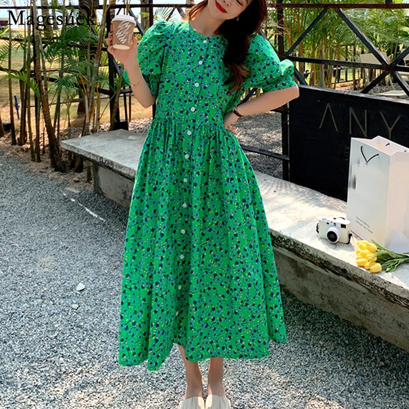 

Spring Casual Floral Dresses Ladies Short Sleeve Retro Print Long Dress Female 2023 M-4XL Loose Green Women Dress Vestidos 15686