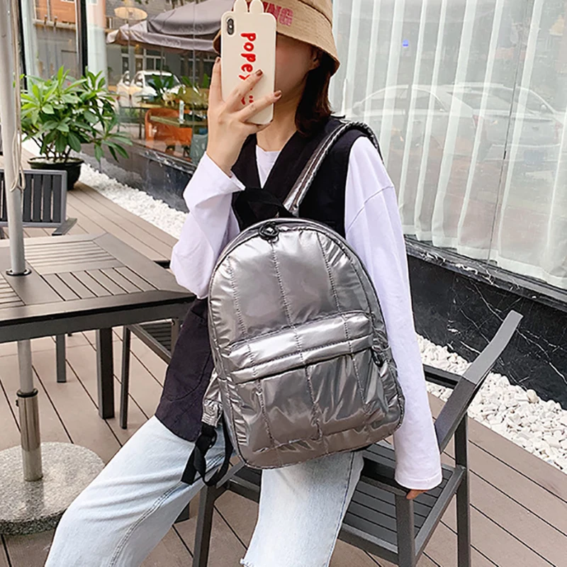 

Herald Fashion Quilted Casual Unisex Space Down Glossy Backpack Waterproof Soild Color Women Travel Laptop School Bookbag 2022