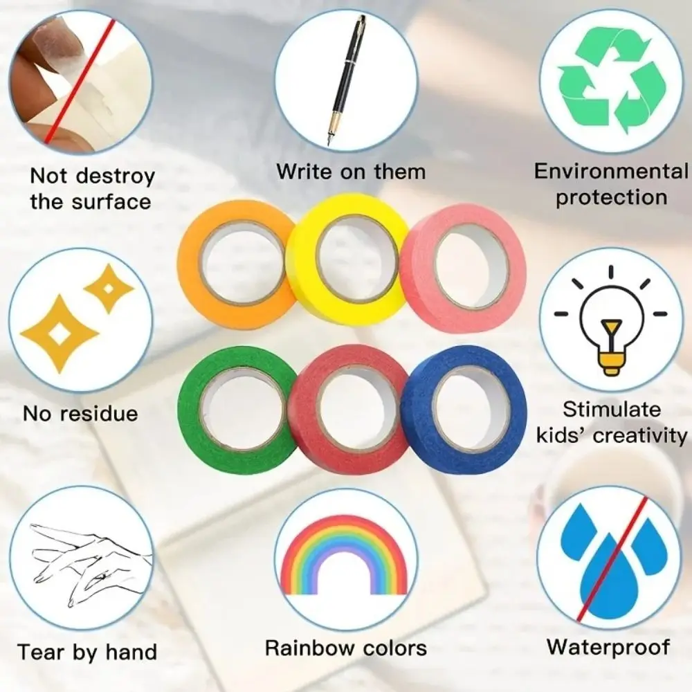 10 Rolls Adhesive Scrapbooking Tapes Cute Rainbow Solid Color Masking Tapes Multifunctional Portable Decorative Tape