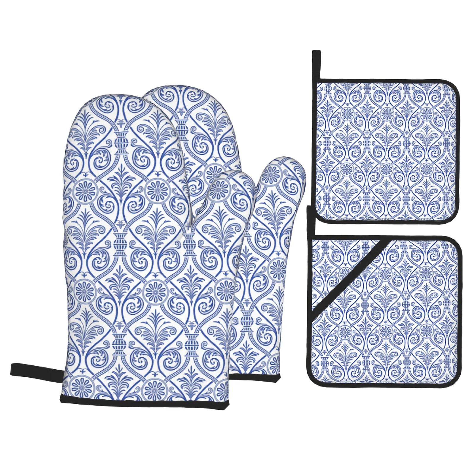 

Blue Pattern 4PC Oven Mitts and Pot Holders Sets for Cooking Baking Grilling