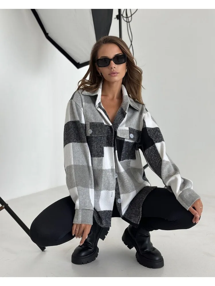 Women Plaid Shirt Tweed Blouse Long Sleeve Cardigan Single-breasted Vintage Harajuku Windbreaker Tops Spring Autumn Coat New