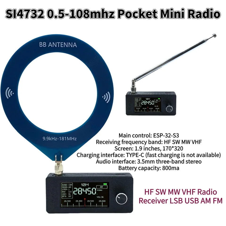 Radio Portatile SI4732 AM/FM Con Schermo IPS 1.9" - Riceve Banda Completa 0.5-108 MHz, Batteria 800 MAh, Include Cuffie