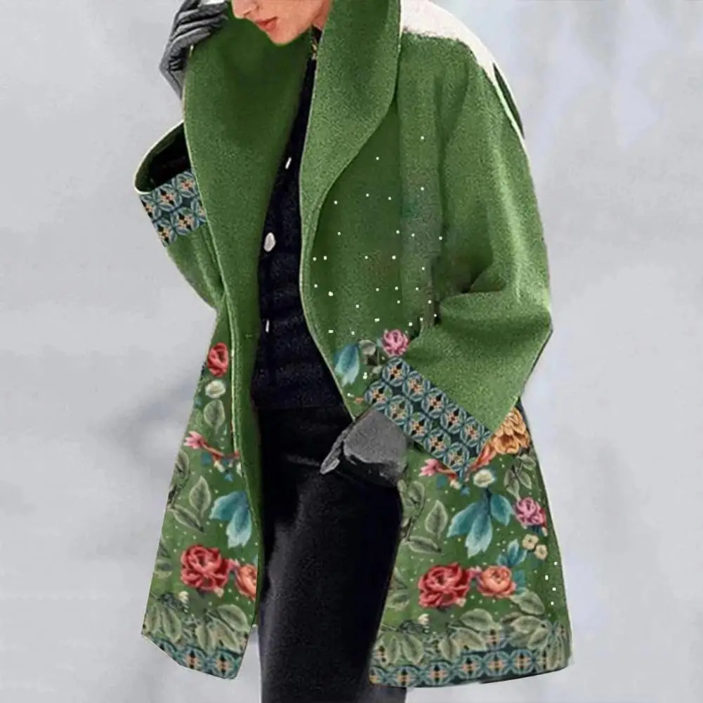 Spring Jacket Elegant Flower Print Women's Winter Overcoat Plus Size Thick Warm Loose Fit with Mid Length Turn-down Collar Lady