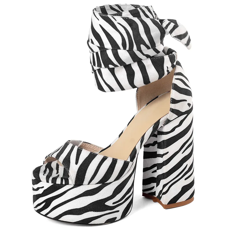 

2023 Round Toe Zebra Pattern Thick High Heels Buckle Women's Sandals Shoes for Woman Fashion Summer Gladiator Shoes Size 34-43