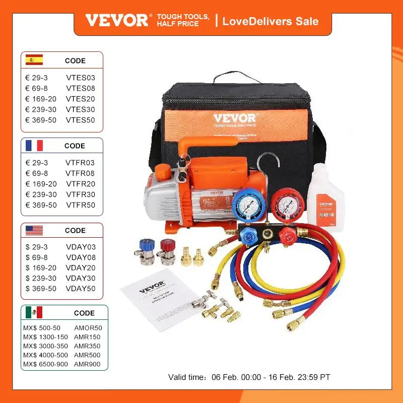 Vevor 3.5/4.5Cfm Single Stage Rotary Vane Hvac Air Ac Pompa Per Vuoto E Kit Refrigerante A/C Set Di Manometri Per Collettore Per Aria Condizionata