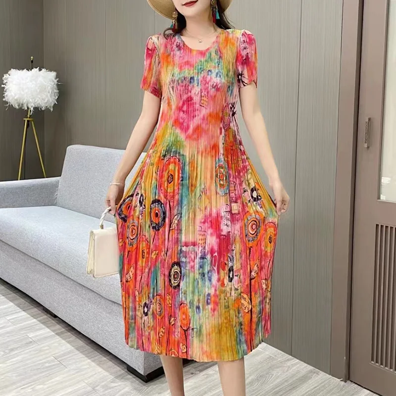 

2023 New Fashion Round Neck Short Sleeve Dress Summer Korean Retro Versatile Loose Fit Casual Holiday Knee Length Vestidos