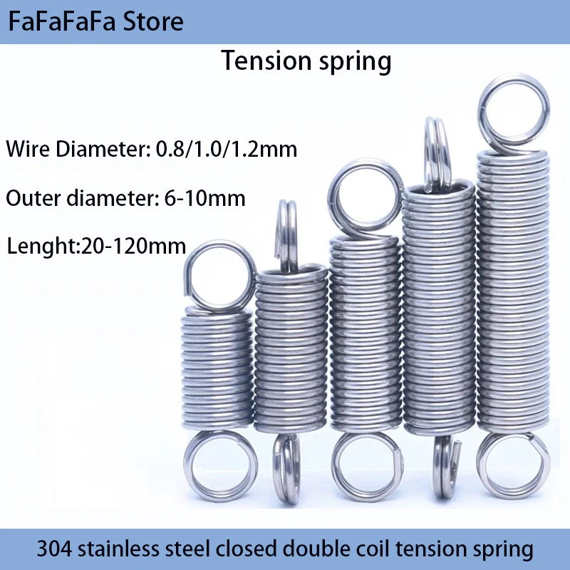 

304 Stainless Steel O-ring Hook Double Coil Cylindrical Spiral Tensile Pull Back Spring Steel Wire Diameter 0.8mm 1.0mm 1.2mm