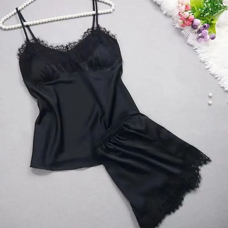 Women pajama suit 2 PCS Halter Camisole And Shorts Home Wear Red Black Sexy Lace S M Ventilate Comfort