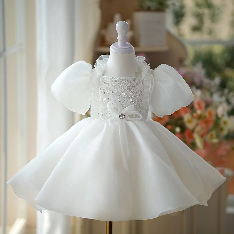 

White Princess Girls Sequined Ball Gown Party Tutu Dresses Baby Kids Flower Girl Wedding Birthday Party Bow Children Clothing
