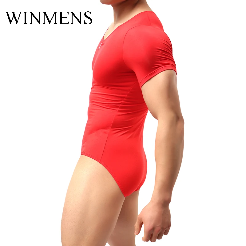 Adult Men's V-neck Modal Jumpsuit Solid Short Sleeve Zipper Bodysuit Male One Piece Close-fitting Pajamas Home Lounge Wear
