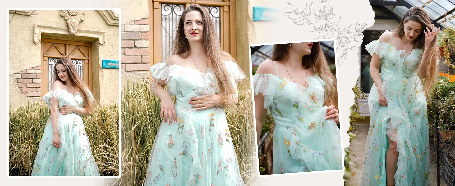 Blumenstickerei Tüll Ballkleider Korsett Lange Spaghettiträger Fee Formale Abend Party Kleid