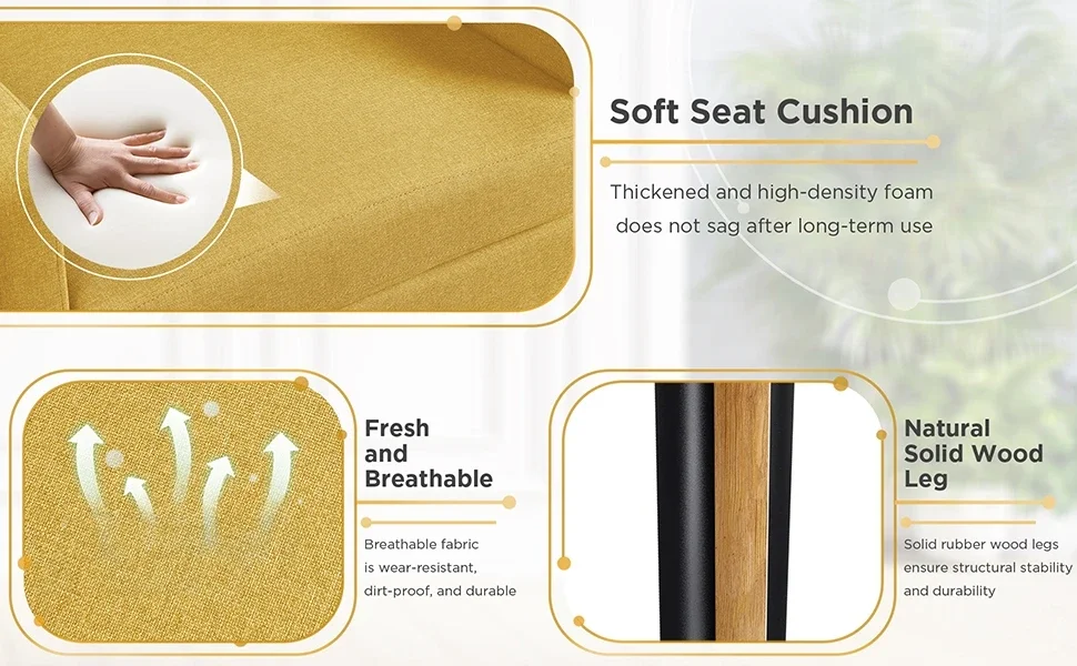 Description Picture 4 of itemMid-Century Accent Chairs, Cozy Armchair Button Tufted Back and Wood Legs for Bedroom/Office/Cafe, Yellow, Accent Chairs