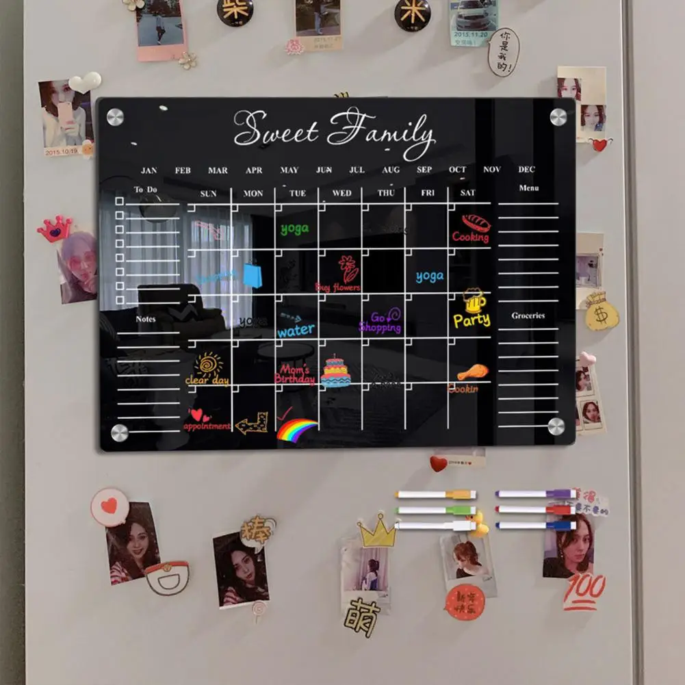 Organizing Plans Black Magnetic Whiteboard Weekly Planner Whiteboard with Magnetic Fridge Acrylic Board Black Text 6 Markers