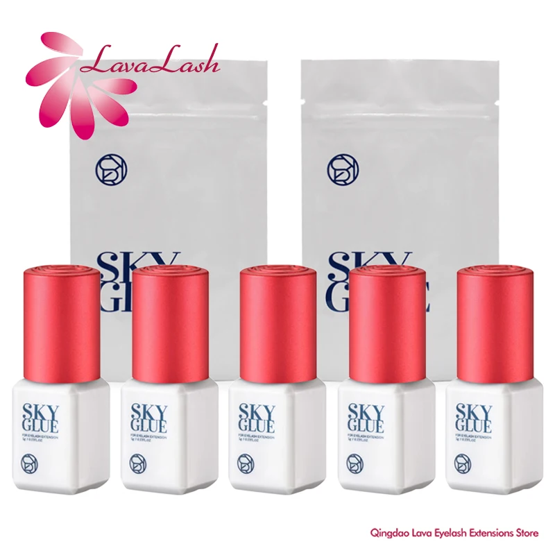 5 Bottles Original Sky Glue for Eyelash Extensions 5ml Korea Sky S Plus Type Red Cap Glue Professional False Lash Adhesive Tools