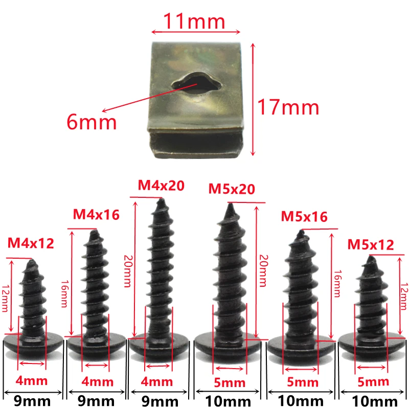 Auto-Tapping Parafuso e Clipes, Metal Retainer para Motocicleta, Carro, Scooter, ATV, ciclomotor, Ebike, Capa Plástica, M4, M5, 40, 30, 20, 10, 5 Conjunto por Lote