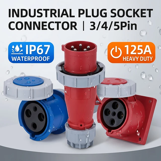 125A CEE Industrial Power Outlet IP67 – 3/4/5 Pin 380V/415V Male Female Connector Set, Robust Shell, Surface or Flush Mount 1