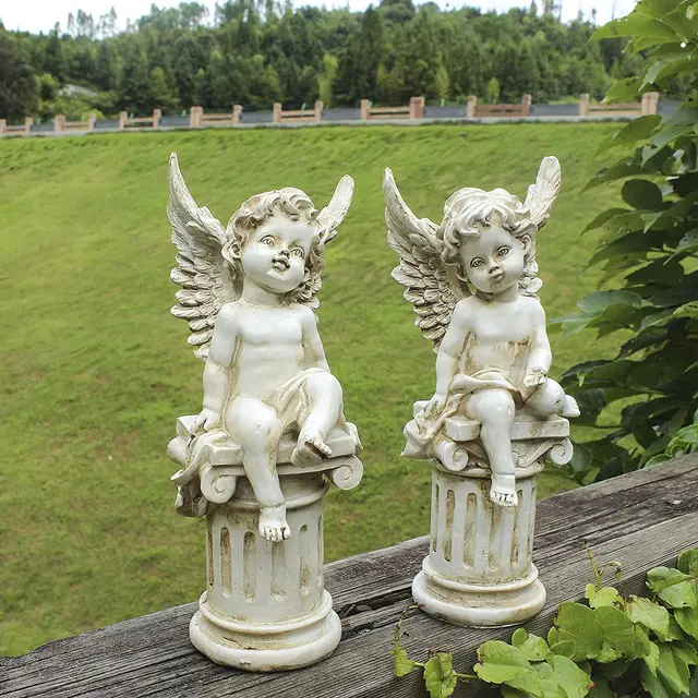 2 Db Cherub Angyalok Római Oszlop Kert Szobra Görög Angyal Figura Szobor Kültéri Otthoni Dekoráció Antik Gyanta - Image 3