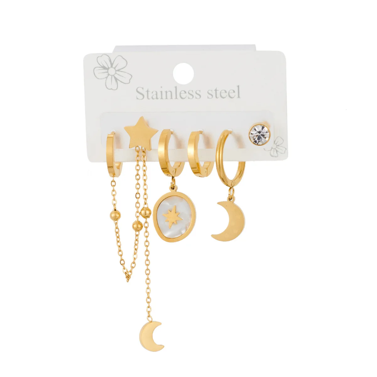 316L Stainless Steel 6 Pieces Set Star Moon Tassels Earring for Women Shiny Temperament Jewelry Gifts Wholesale 4