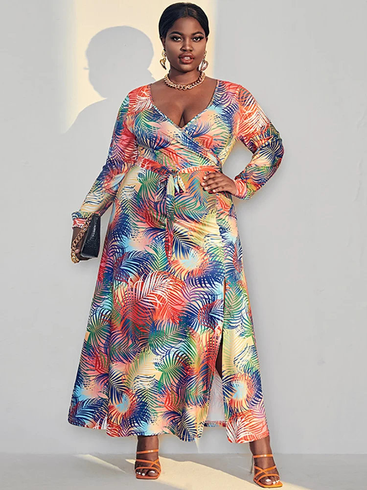 Plus Size Maxi Dress For Women 4x-5x 2022 Fall V Neck Long Sleeve Leaves  Print High Split Sexy Dress For Chubby Women - Plus Size Dresses -  AliExpress