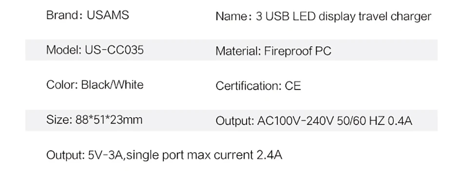 USAMS 5V 3A 3 USB Ports Digital Display Mobile Phone Charger for iPhone 13 12 Xiaomi Samsung Huawei Fast Quick Charging Charger usb quick charge