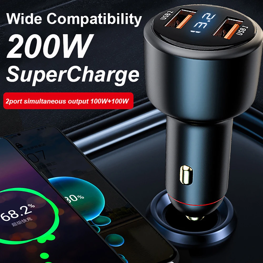 EONLIN Dual USB 200W USB Super VOOC Car Charger Voltage Display QC3.0 USB 100W 66W SuperCharge for Huawei Honor VIVO OPPO Xiaomi