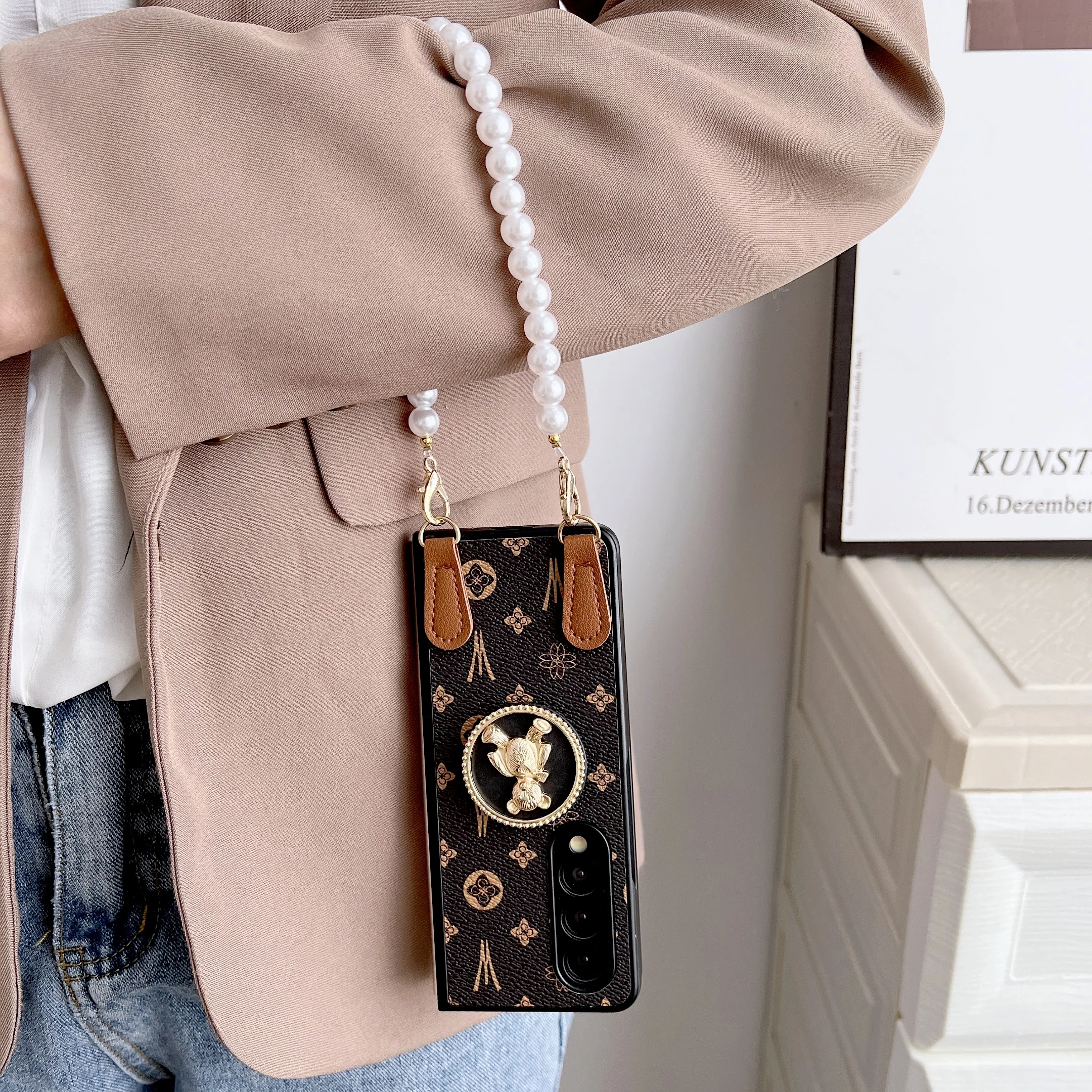 Luxury Gold Leather Phone Case with Bear Stand Holder