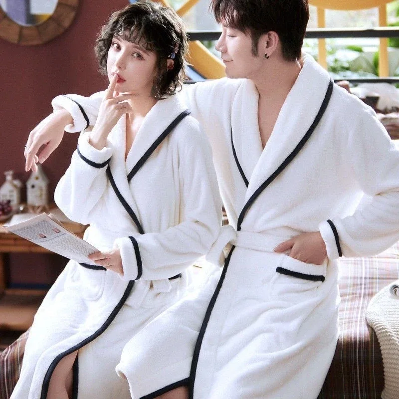 

Bathrobe Men's Solid Winter Warm Long Sleeve Ladies Bath Robe Flannel Kimono with Sashes Dressing Gown for Couple 2023 New