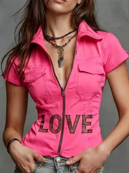 Sexy Fashionable Denim Print Short Sleeve Shirt for Young Ladies with Real Pockets Texture-Free Women's Stylish Apparel