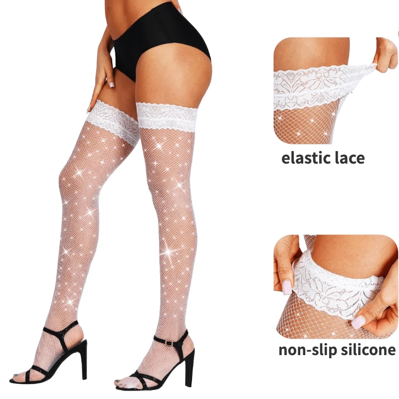 Sparkly Rhinestone Stockings Women Non Slip Silicone Fishnet Thigh High Socks Hot Girls Lace Top Hosiery Stay Up Sexy Stocking