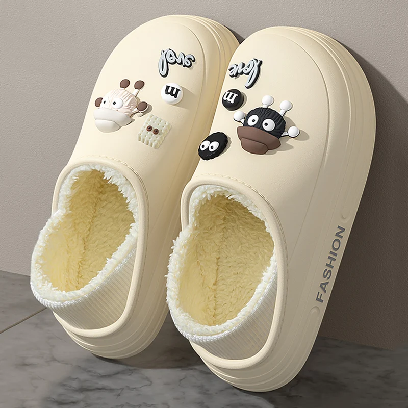 Lovely Waterproof Eva Cotton Slippers Women Non Slip Platform Fluffy Slippers Woman Comfortable Slip On Warm Plush Slides Shoes