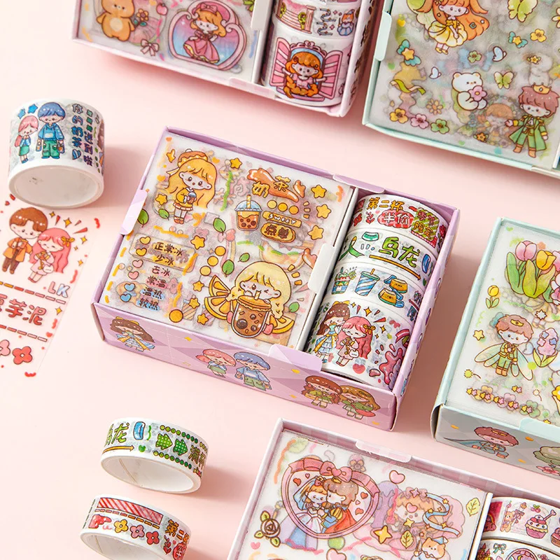Korean Sticker Aesthetic Cartoon Masking Tape Set 8 PCS Box DIY Album Planner Journal Scrapbooking Decoration Kids Gift