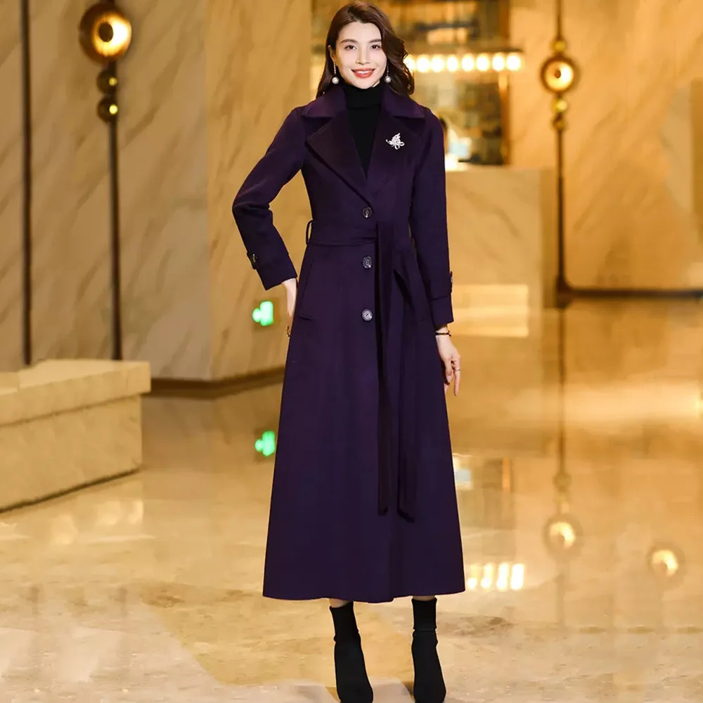 

New Women Dark Purple Woolen Overcoat Autumn Winter Fashion Elegant Suit Collar Single Breasted Lace-up Wool Blended Long Coat