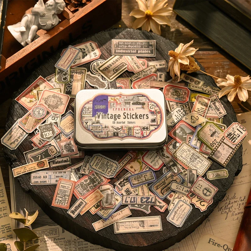 Vintage Stickers 100 pieces with Metal Box Junk Journal Ephemera Decorative Album Ticket Label Stickers Scrapbooking Material