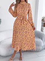 Floral Stand Up Collar Bridesmaid Dress 2026 Spring Summer Elegant Long Sleeve Waist Cinched Pleated Dresses Valentine's Day - Image 5