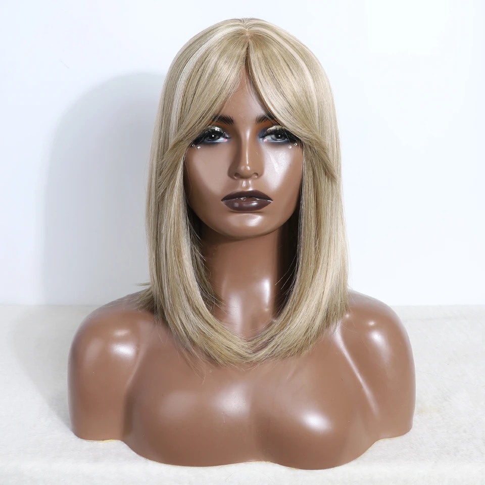 Synthetic Wig Synthetic Middle Straight Bob Wigs with Bangs Light Blonde Natural Hair for Women Daily Cosplay Heat Resistant Fiber