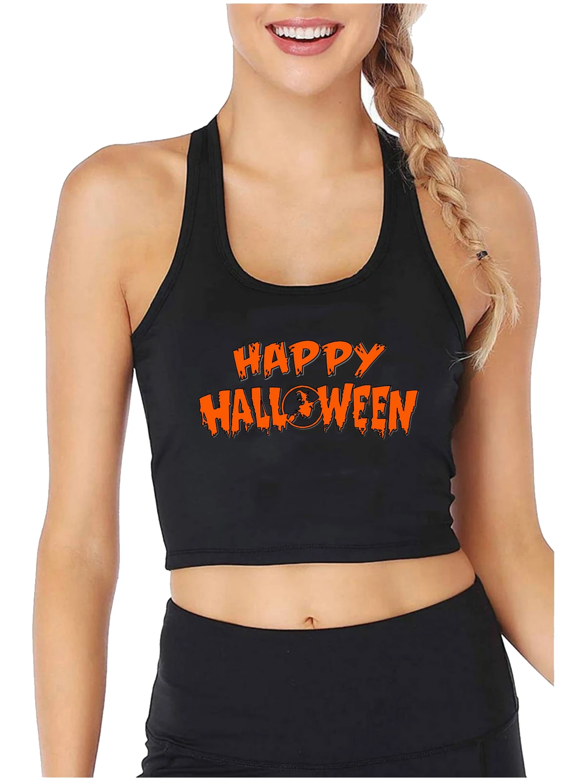 

Happy Halloween Design Sexy Slim Fit Crop Top Witch Spooky Season Funny Cotton Tank Tops Street Fashion Gothic Camisole