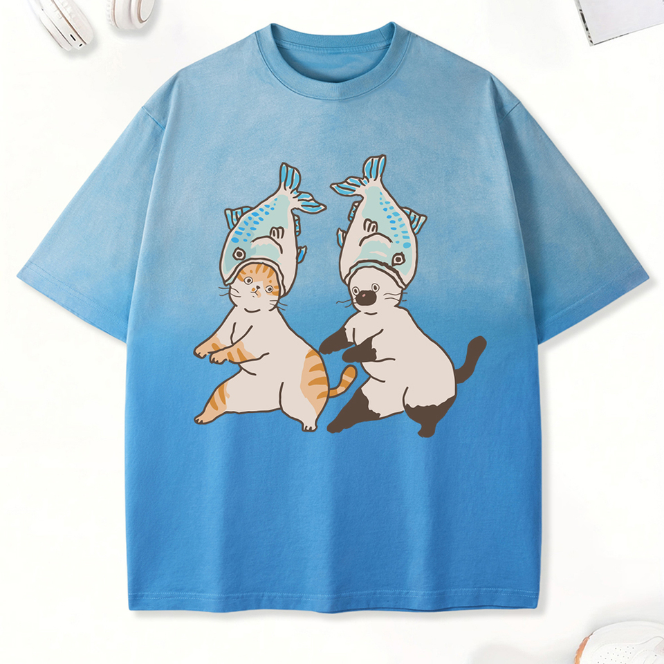 A Cat Wearing A Fish Hat Print Womens Tie-Dye T-Shirts Summer All-Match Short Sleeve Cotton Casual Top O-Neck Y2K T Shirt